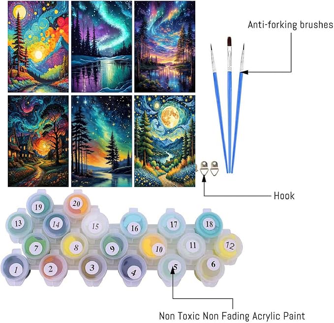 NEGEKFKX 6 Pack Paint by Numbers Kit for Adults Beginner,Starry Night Easy Adult Paint by Number Kits on Canvas DIY Painting for Beginners Art by Numbers for Home Wall Decor 10x12 Inch