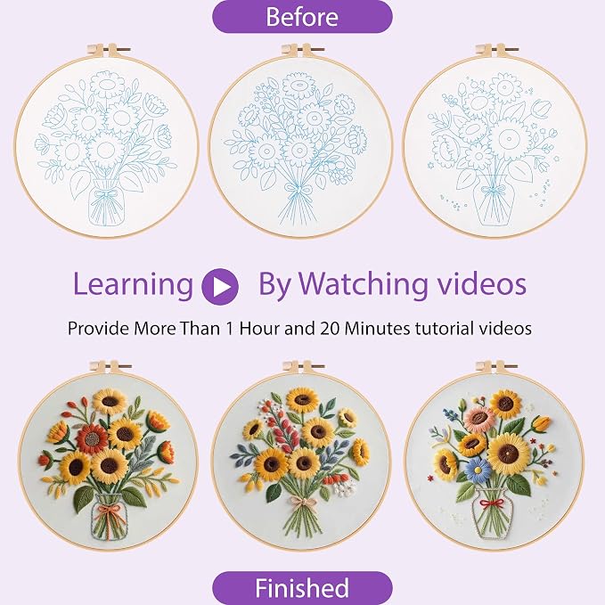 Uniartfy 3 Sets Sunflower Embroidery Kits for Beginners, Needlepoint Kits for Adults, Cross Stitch Kit with Cloth, Hoop, Threads and Instruction, Easy to Learn Embroidery Starter Kit for Craft Lover