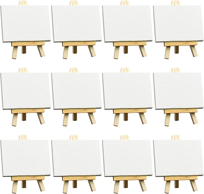 FIXSMITH 3x4 Inch Mini Stretched Canvas Easel Set- Bulk Pack of 12,Set Contains 12 Rectangle Canvases &12 Mini Easels,Small White Art Canvases & Wood Easels for Painting Craft Drawing Decoration