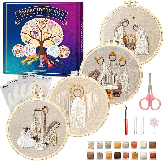 Huacan Embroidery Kit for Beginners with Tutorial Video & Gift Box | DIY Pre-printed Religion Patterns, 7.9×7.9 inch Fabric, Complete Embroidery Supplies with Gift Box for Beginners