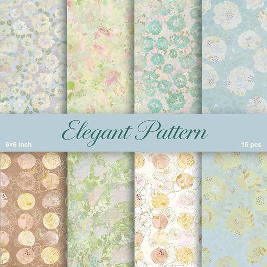 PRSTINCOL Scrapbook Paper,16 Sheets 6 x 6Inch Elegant Pattern Style Scrapbook Supplies,Single-Sided Vivid Origami Decoupage Paper for DIY Crafts, Card Making, Art Journaling