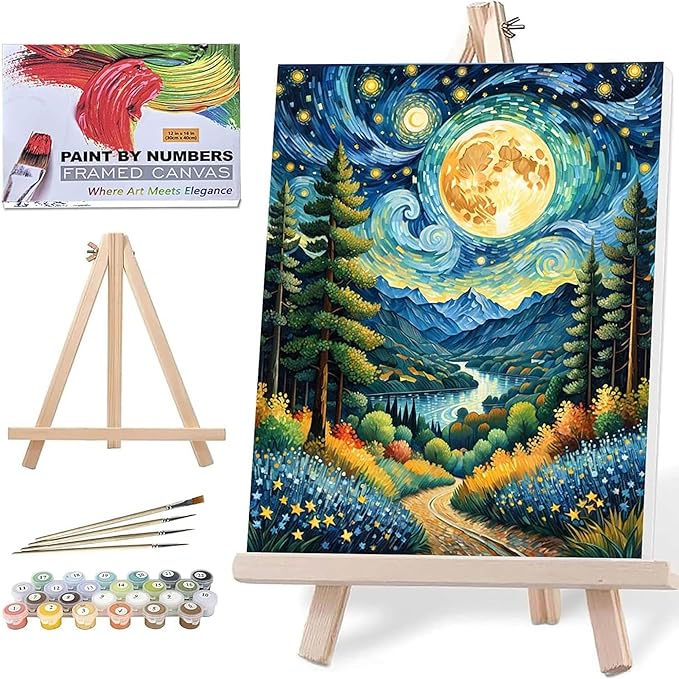 ldazao Moon Paint by Numbers Kit for Adults Beginner Forest Adult with Frame Wooden Easel Paint by Number Kits for Gift Home Wall Decor 16x20 Inch