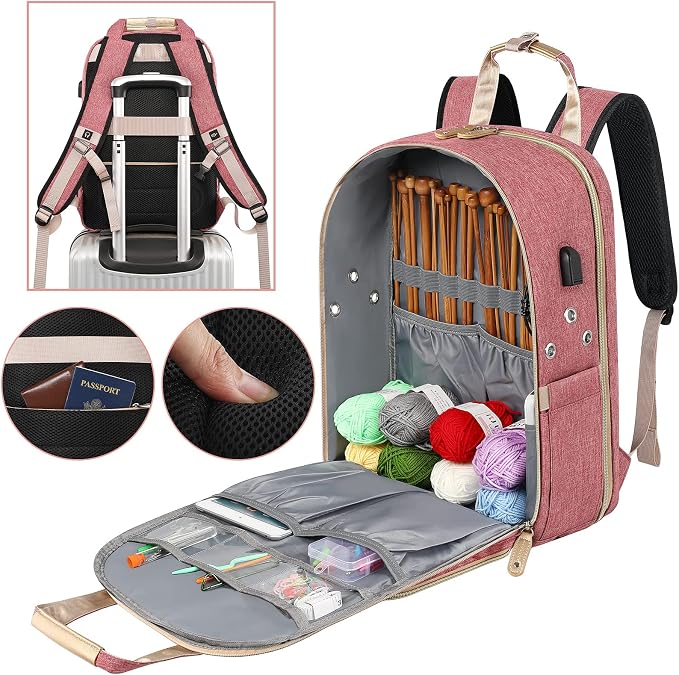 SINVICKO Crochet Bag, Knitting Bag Backpack and Totes Organizer with USB Charging Port, Large Yarn Storage Tote Bag