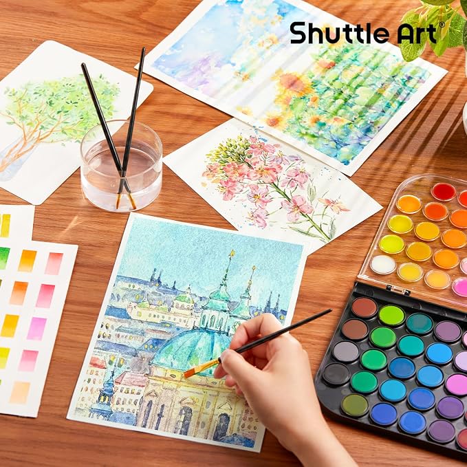 Shuttle Art Watercolor Paint Set, 48 Colors Watercolor Paint Pan Set with 3 Paint Brushes for Beginners, Artists, Kids & Adults for Painting, Journaling, Calligraphy Practice