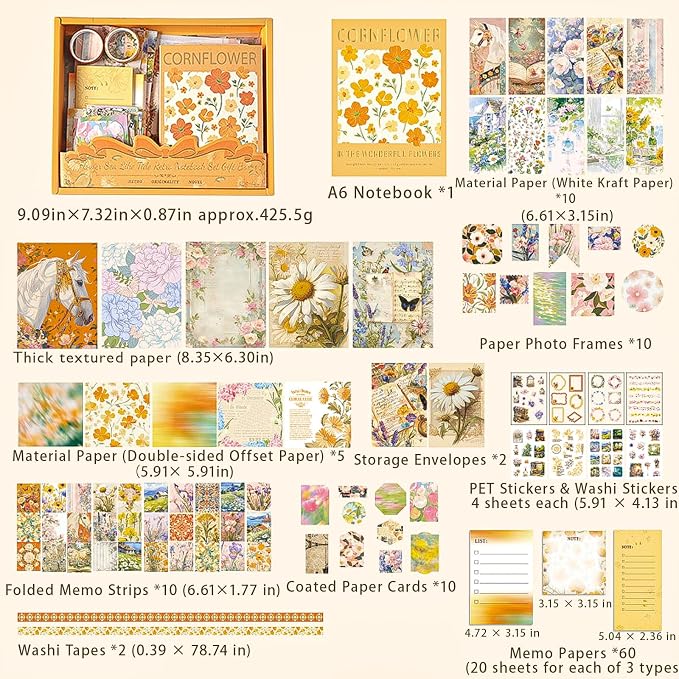 Aromoty Scrapbooking Supplies Kit, Botanical Aesthetic Vintage Scrapbook Kit for Bullet Junk Journal A6 Grid Notebook Stationary (Centaury Love)