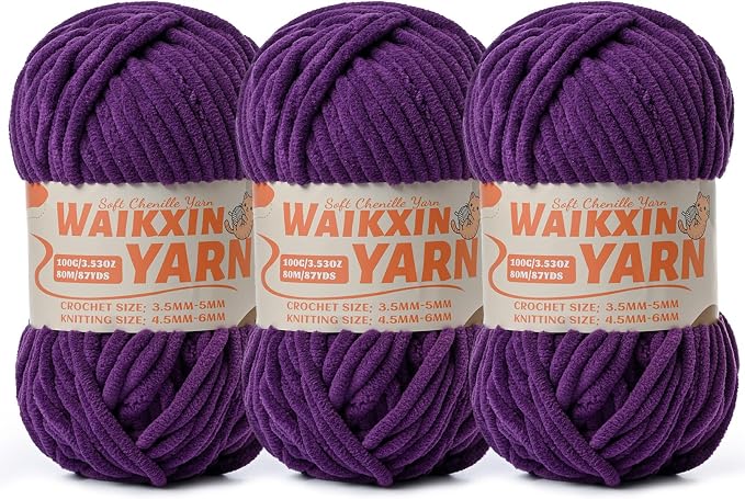 （3 Deep Purple） 3 Pack Super Soft Fuzzy Chenille Chunky Yarn for Crocheting, 300g (261yds) Fluffy Velvet Yarn for Hand Knitting Baby Blankets Weaving Craft