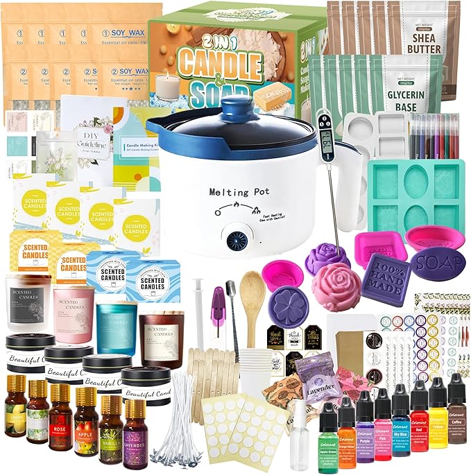 PIUH Deluxe 2-in-1 Candle & Soap Making Supplies Kit with Melter for Adults | Complete DIY Candle and Soap Kit with Melter, Wax Soy, Soap Base, Dyes, Essential Oils and Supplies for Craft