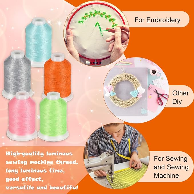 Nuanchu 12 Colors Glow in The Dark Embroidery Thread, 550 Yard