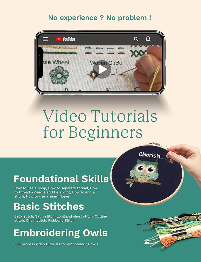 Bradove Owls Embroidery Kit for Beginners with Patterns | Beginner Embroidery Kit for Adults and Kids, Hand Embroidery for Beginners, Learn to Embroider Kit Adult Beginner