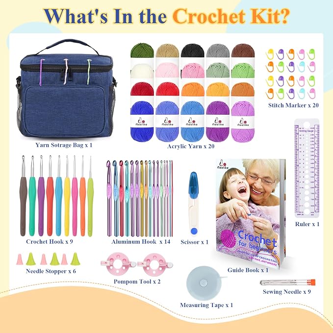 Aeelike 87PCS Crochet Beginner Kit for Adults,Portable Yarn Bag Kit,Navy | Crochet Starter Kits with Yarn, Ergonomic Hooks & Storage Case, Learn-to-Crochet Set for Adults, Kids & Seniors,