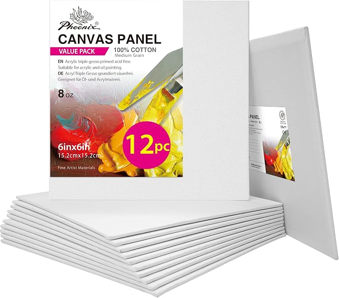 PHOENIX Small Painting Canvas Panels 6x6 Inch, 12 Value Pack - 8 Oz Triple Primed 100% Cotton Acid Free Square Canvas Boards for Painting, White Blank Flat Canvas Boards for Acrylic, Oil Paints