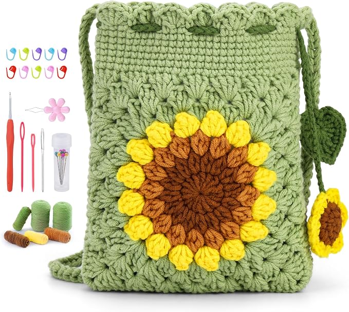 Fedmut Crochet Kit for Beginners, Sunflower Phonebag Crochet Kit for Adults