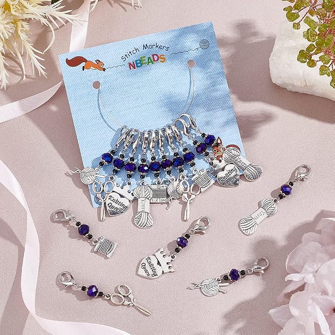 NBEADS 15 Pcs Knitting Stitch Markers, 5 Styles Antique Silver Alloy Crochet Stitch Marker Charms Removable Lobster Clasp Locking Stitch Marker for Knitting Weaving Sewing Accessories