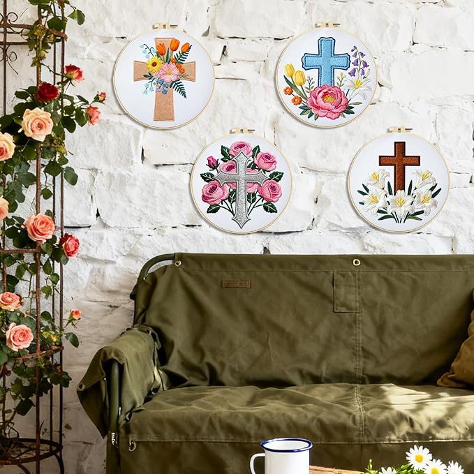 BEUNITONE 4Set Cross and Flowers Pattern Embroidery Kit for Adult Beginners | DIY Cross Stitch Kits, Complete Needlepoint Kits for Adults, Handmade Embroidery for Gifts, Fabric and Home Decor 20x20cm