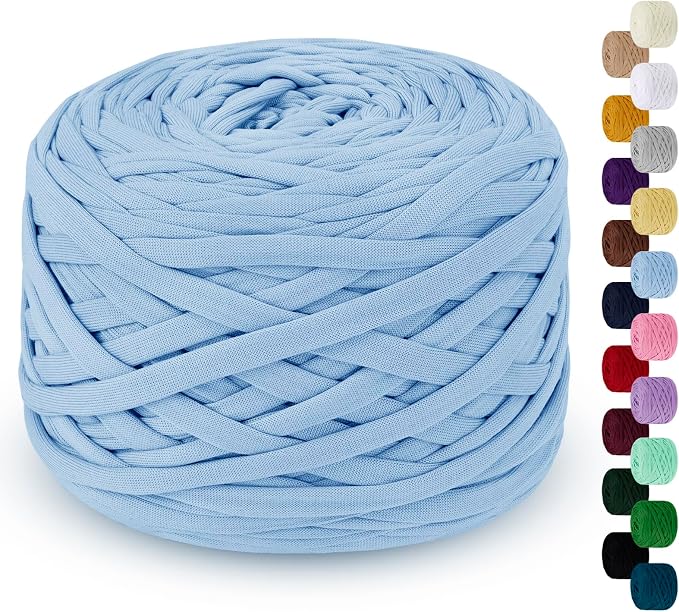 285g T Shirt Yarn for Crocheting 109 Yards Elastic Ribbon Thick Crochet Fabric Knitting T-Shirt Yarn for Crochet Bag, Blanket, Basket, DIY Projects, Home Decor (Sky Blue)