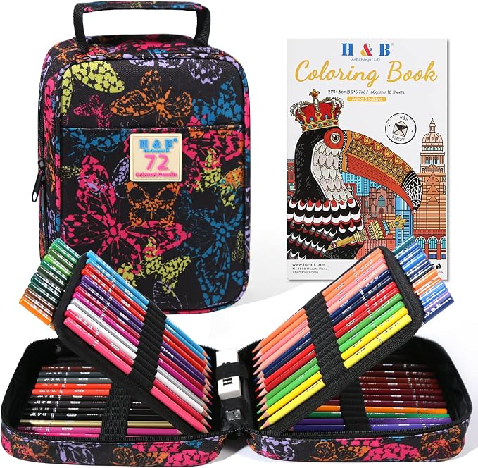 H & B 72 Colored Pencils for Adults Beginners with Case & Coloring Book Set | Oil-based Soft Cores for Smooth Drawing & Coloring - Vibrant Blendable colors - Portable Travel Kit with Sharpener & Eraser