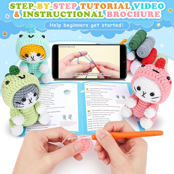 Fortuning's JDS Crochet Kit for Beginners, 3 PCS Dinosaur Cat Crochet Kits | w/ Step-by-Step Video Tutorials, Beginner Crochet Kit for Adults, Crochet Animal Kit for Starters, Dinosaur Cat Crochet Set