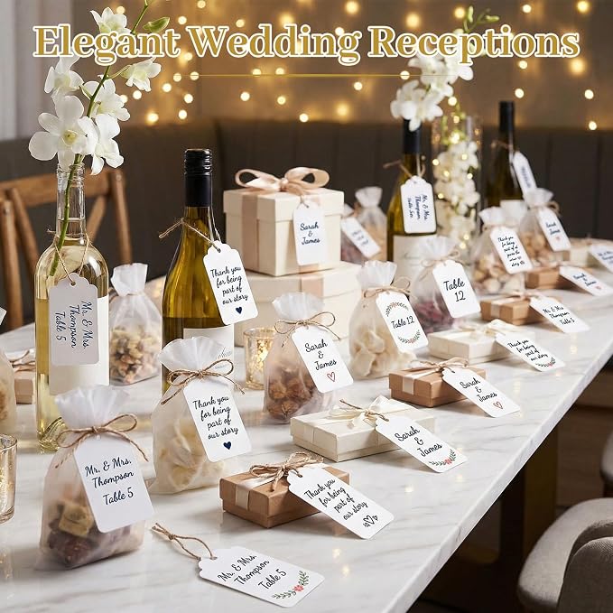 SallyFashion Large White Gift Tags with String, 100 Pack 2 X 4 inch | Scalloped Edge, Natural Jute String, Pre-Punched Design, Retail Price Tags and Wish Tree Cards