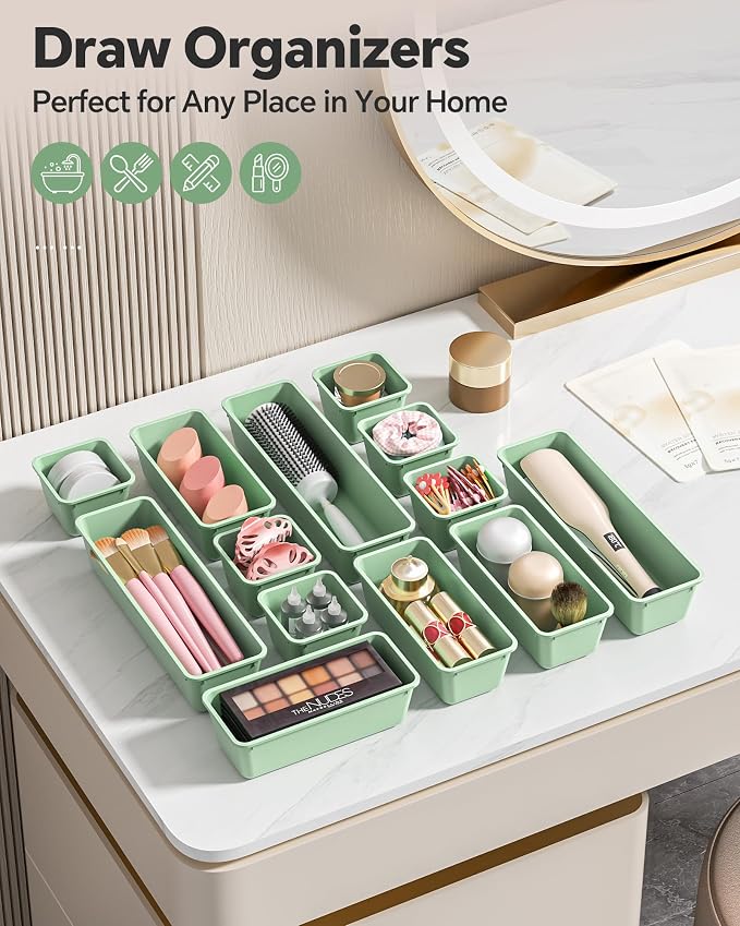 Canfanni 13 Pack Plastic Drawer Organizers Set, 3 Sizes Desk Drawer Organizer Trays for Vanity and Makeup Organizer, Organization and Storage for Makeup, Kitchen Utensils, Bathroom and Office(Green)
