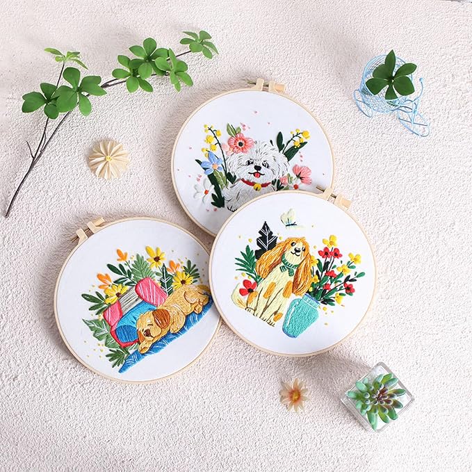 GLTAYLMY Cute Dogs Embroidery Kit for Beginners with Pattern and Instructions,3 Pack Cross Stitch Kits,1 Plastic Embroidery Hoops,Threads and Needles,Needlepoint Kit for Adults