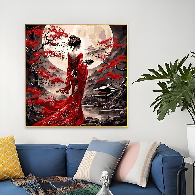 OJTOYART Paint by Number Kits for Adults, Oriental Lady & Moon Paint by Number Kits on Canvas, DIY Acrylic Watercolor Oil Colorful Painting by Number for Adults Home Decor 16 x 16 Inch