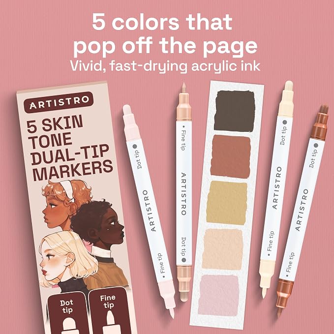 ARTISTRO Skin Tones Dual-Tip Acrylic Paint Marker Pens - Set of 5 | For Fabric, Rock, Glass, Wood, & Coloring Books, Arts & Crafts Gift, Classroom Must Haves & School Supplies (Dot & Fine Tips)