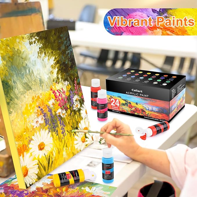 Caliart 24 Colors Acrylic Paint Set with 12 Brushes | Craft Painting kit for Adults Artists Beginners, Halloween Pumpkin Canvas Wood Rock Ceramic Fabric Art Supplies Paints