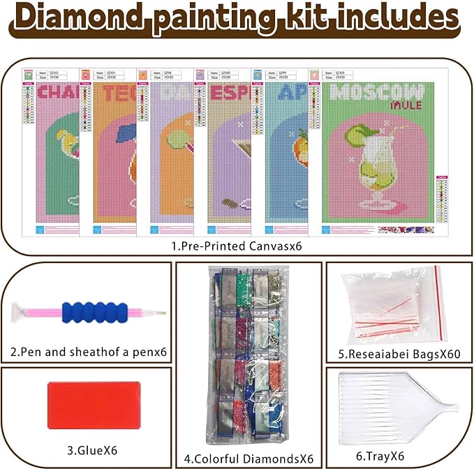 Ycydilirab 6 Pack Cocktail Diamond Art Kits for Adults 10x12inch