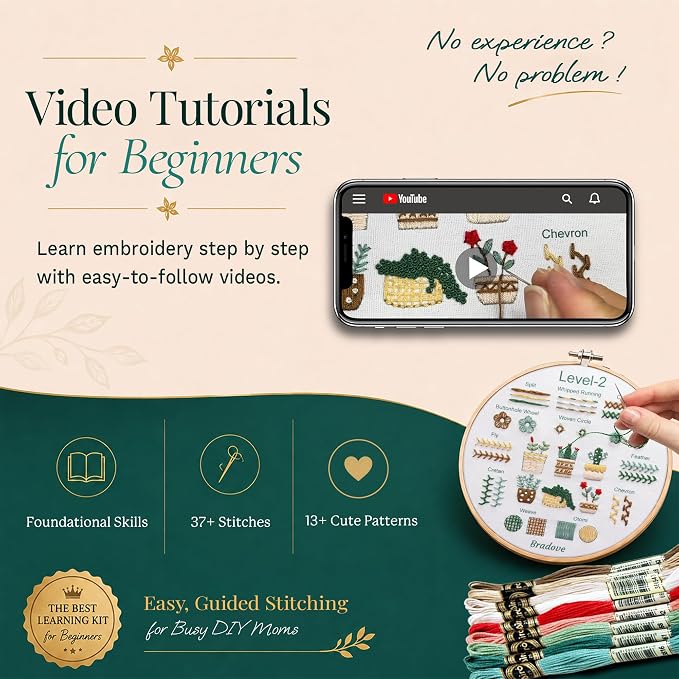 Bradove Beginner Embroidery Kit for Adults and Kids | Hand Embroidery Kit for Beginners with Patterns, Learn to Embroider Kit Adult Beginner, Stitches Practice, Learn to Sew