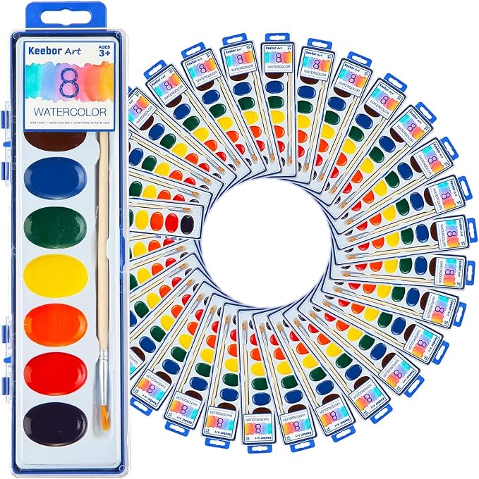 Keebor Washable Watercolor Paint Set, 36 Pack, 8 Colors with Paint Brush