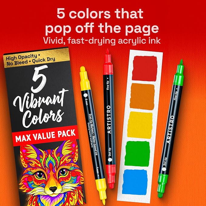 ARTISTRO Dual-Tip Acrylic Paint Marker Pens - Set of 5 | For Fabric, Rock, Glass, Wood, & Coloring Books, Arts & Crafts Gift, Classroom Must Haves & School Supplies (Dot & Fine Tips)