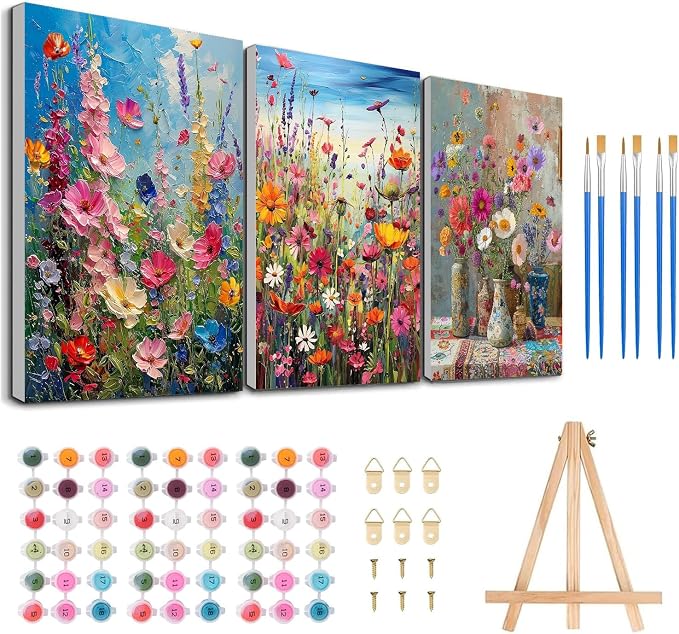 3 Pack Floral Framed Paint by Numbers for Adult with Wooden Easel 8x12 inch | Wildflowers Paint by Number on Canvas Oil Painting Kit with Brushes, Easy Adults' Paint-by-Number Kits for Home Wall Decor