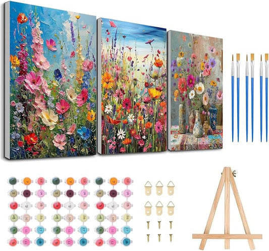 3 Pack Floral Framed Paint by Numbers for Adult with Wooden Easel 8x12 inch | Wildflowers Paint by Number on Canvas Oil Painting Kit with Brushes, Easy Adults' Paint-by-Number Kits for Home Wall Decor