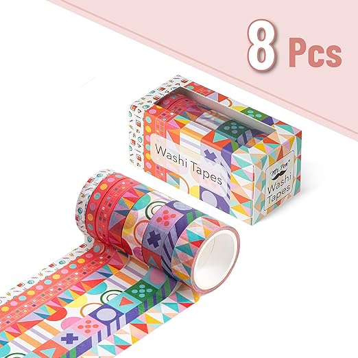 Mr. Pen- Washi Tape Set, 8 Rolls, Assorted Sizes, 5 Yards/Roll | Washi Tape for Scrapbook, Arts, Crafts, Journals and Planners, Geo Labyrinth