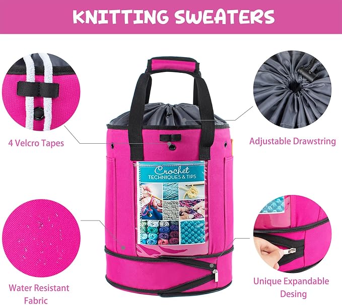 MYBAGZING Expandable Yarn Storage Organizer, Crochet Bag & Yarn Tote with Zipper Closure, Yarn Holder for Crocheting and Knitting for Yarn Skeins, Hooks, Needles,Accessories – Gift for Crafters