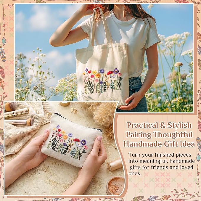 SilTriangle Embroidery Kit for Beginners Canvas Tote Bag Makeup Bag Set Cross Stitch Kits Floral Flower for Adults, Arts Crafts Needlepoint Women Shopping Reusable Bags