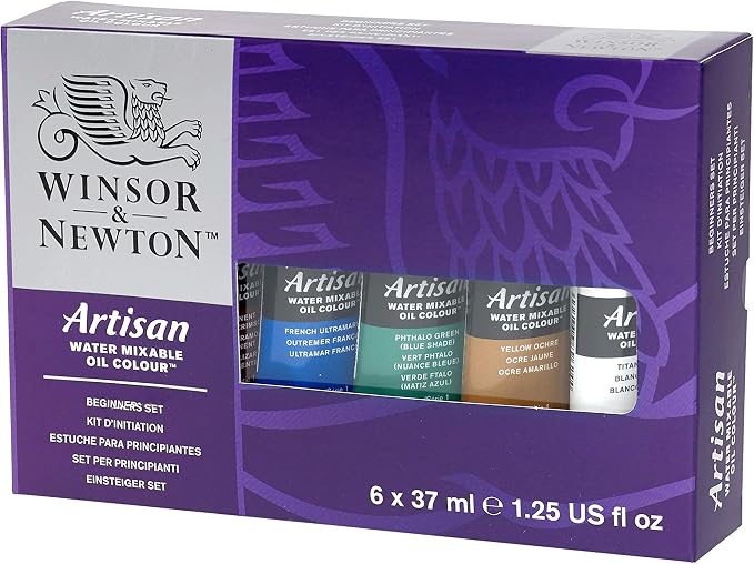Winsor & Newton Artisan Water Mixable Oil Paint, Beginner's Set 6 x 37ml | Clean with water; no solvents needed. Color depth, lightfastness, opacity/transparency are the same as traditional oils.