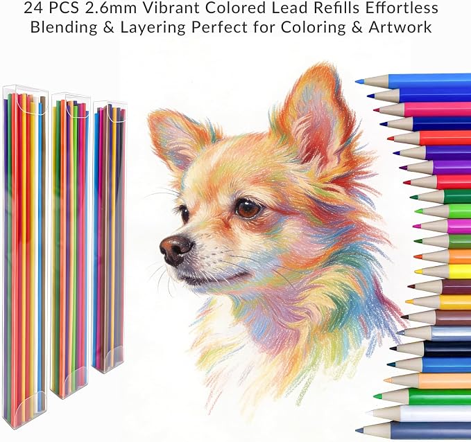 2.6MM Colored Mechanical Pencil Lead Refills, 24 Colors, 3 Pack