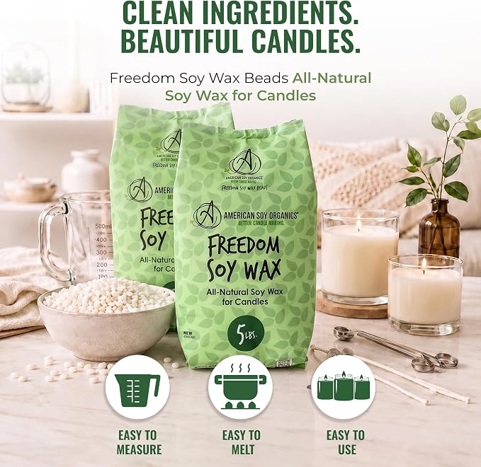 American Soy Organics Freedom Soy Wax Beads, All-Natural Candle Wax, 10 lbs | DIY Candle Making Supplies Ideal for Container Candles, Tealights & Wax Melts, Paraffin-Free, Beeswax-Free, Microwavable