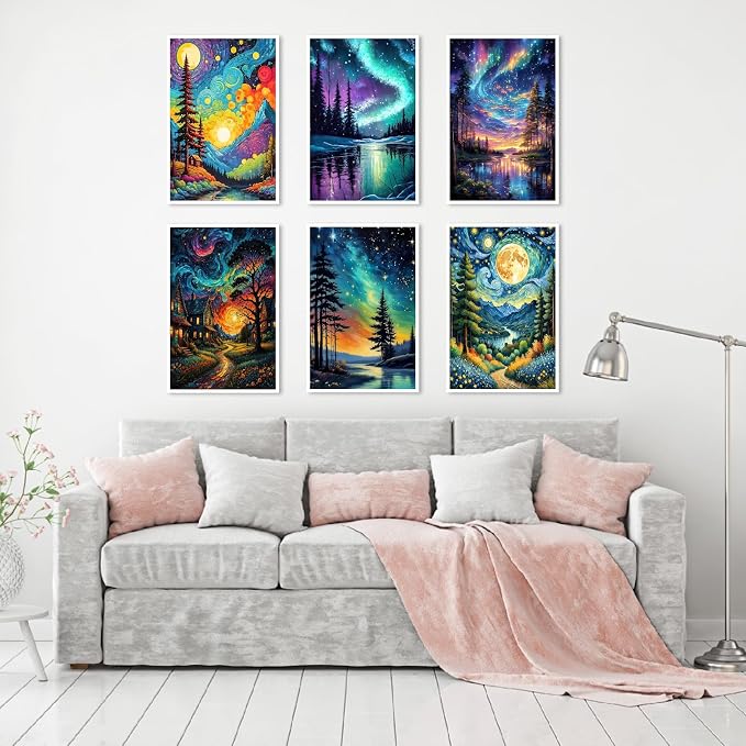NEGEKFKX 6 Pack Paint by Numbers Kit for Adults Beginner,Starry Night Easy Adult Paint by Number Kits on Canvas DIY Painting for Beginners Art by Numbers for Home Wall Decor 10x12 Inch