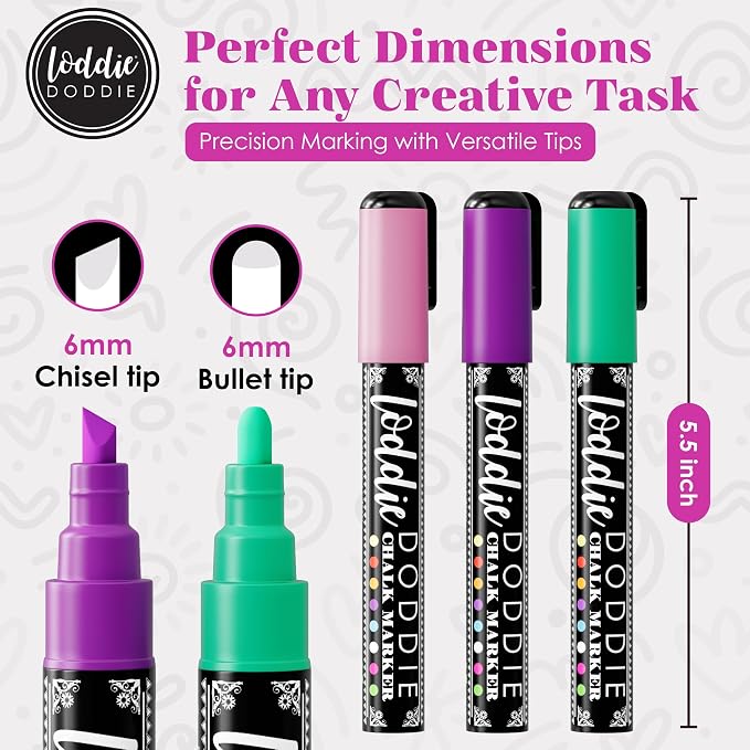 Loddie Doddie Chalk Markers, Chalkboard Markers, Reversible Tips, 16 Pack | Reversible Tips for Bold or Fine Lines, Wipes Clean on Glass, Pastel & Neon Colors for Blackboard Signs, Dry Erase Pen