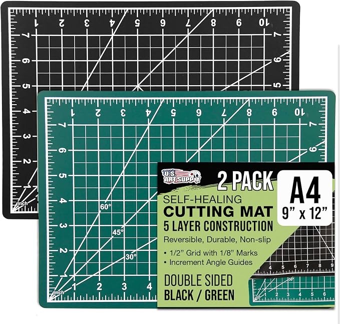 U.S. Art Supply 9"x12" Self-Healing Cutting Mat 5-Ply (2 Pack) Green/Black | Double-Sided Green/Black Craft Mat, Non-Slip Cutting Mats for Crafts, Sewing, Quilting, Scrapbooking