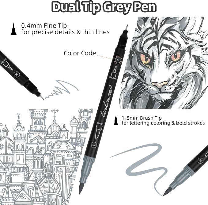 LIULIUCAI 10 Gray Dual Markers, Fine & Brush Tip Pen for Adult Coloring