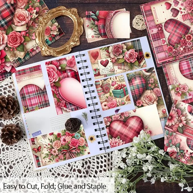 Vintage Valentine Scrapbook Paper Pad - 24 Sheets 6in Pink Love Hearts Patterns Designed Decoupage Supplies for Journals Folded Cardstock DIY Crafts Origami Gift Wrapping Material