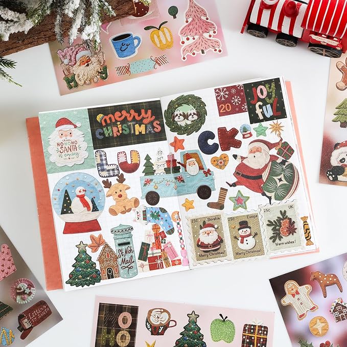 Washi Stickers Set Vintage Aesthetic Sticker Book for Journaling, DIY Decorative Paper Sticker Decals for Bullet Journal Art Scrapbooking Diary Card Craft Gift Album (Christmas Style)