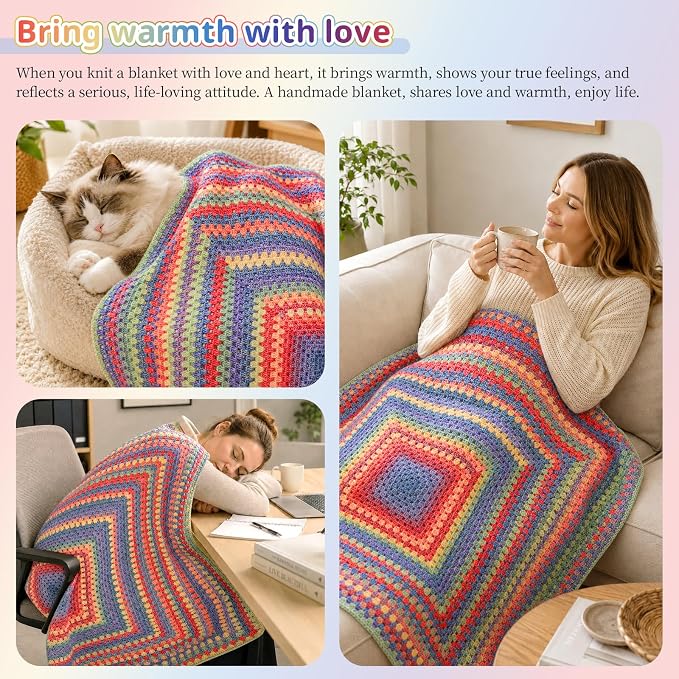 Coopay Crochet Blanket Kit for Beginners Adults w/Step-by-Step Instructions | Complete Crochet Kits with 600g Soft Crochet Yarn & Ergonomic Crochet Hooks, Granny Square Blanket Kit for Beginners Gift