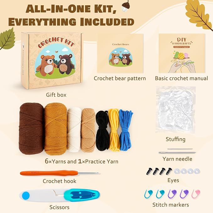 Crochet Kit for Beginners - Bear Crochet Kits, Beginner Crochet Kit for Adults, Crochet Animal Kit for Starters with Step-by-Step Video Tutorials, Knitting Bears with Squishy Hip Design