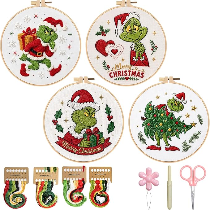 TPZBWG Embroidery Kit, 4 Pack Cross Stitch Kits,DIY Embroidery Starter Kit for Adults & Beginners, DIY Needlepoint Kit with Embroidery Hoop Thread Needle for Craft Lover Birthday Gifts (Green& White)