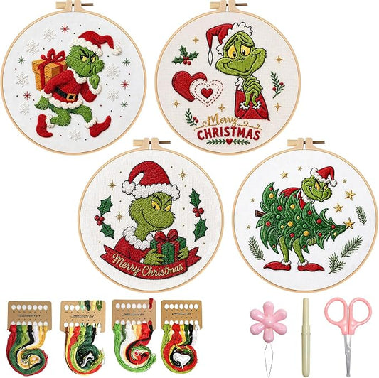 TPZBWG Embroidery Kit, 4 Pack Cross Stitch Kits,DIY Embroidery Starter Kit for Adults & Beginners, DIY Needlepoint Kit with Embroidery Hoop Thread Needle for Craft Lover Birthday Gifts (Green& White)