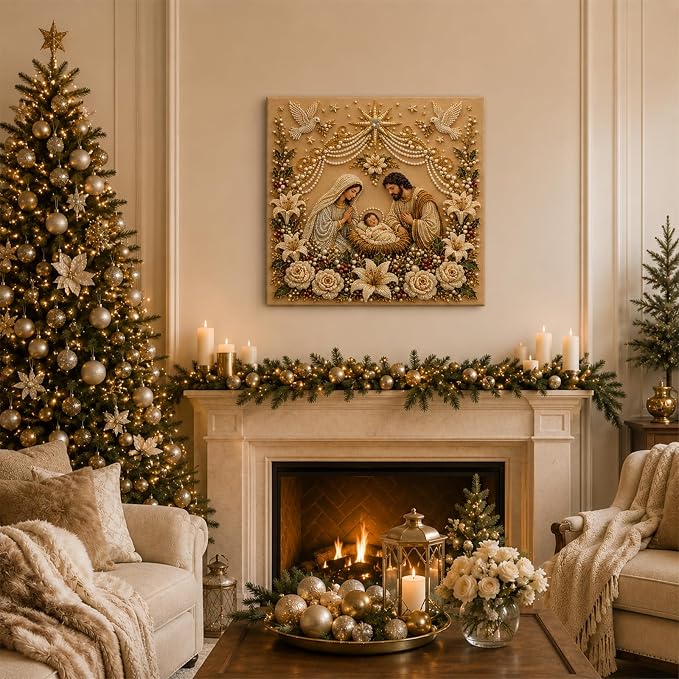 DIY Christmas Pearl Diamond Painting Kit, 5D Pearl Art Craft for Adults and Beginners, Christmas Church and Jesus Wall Decor, Holiday Gifts, 12 x 12 Inch (Jesus Design A)